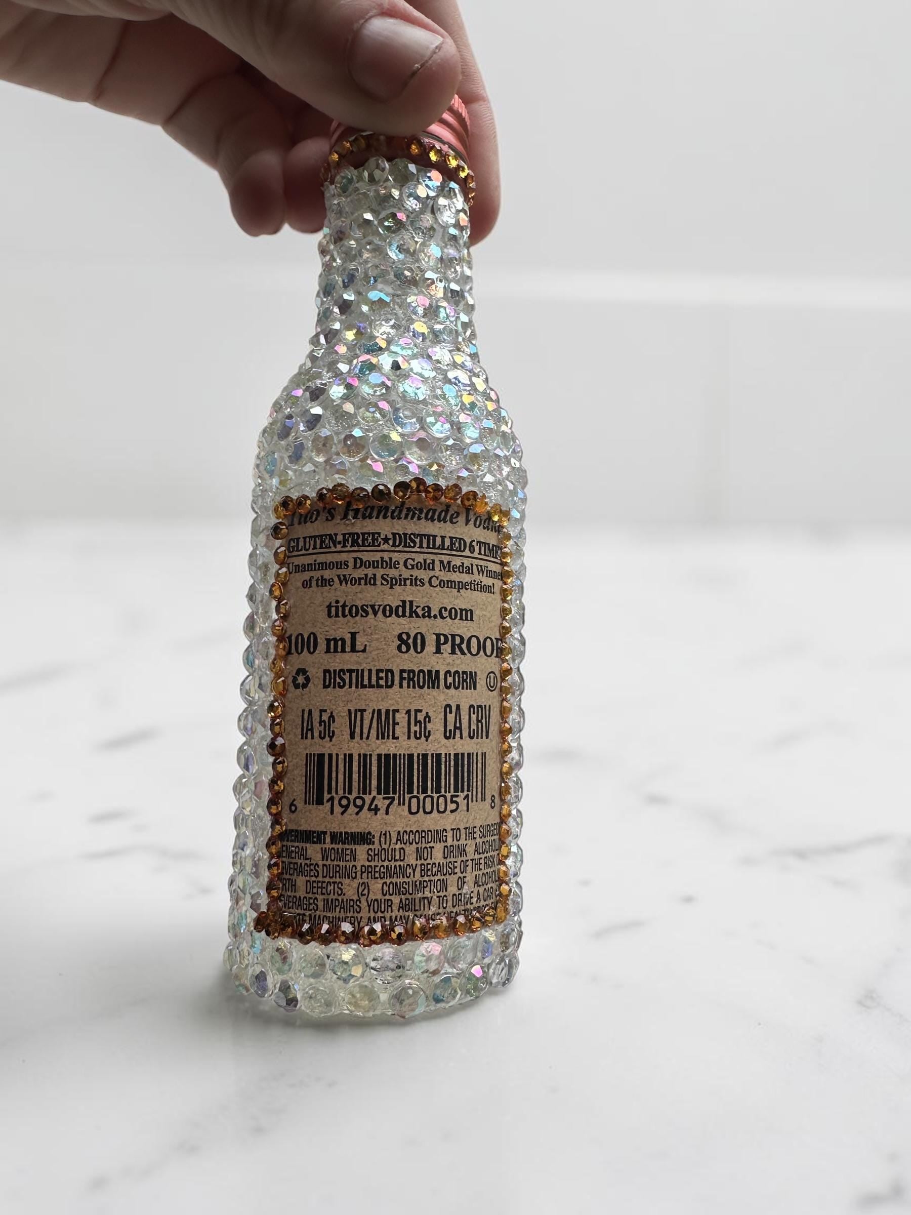 Bling Tito’s  100 mL Decanter Container – Empty Rhinestone Bottle – Handmade Crystal Covered bottle with repair kit  – Sparkly bar decor