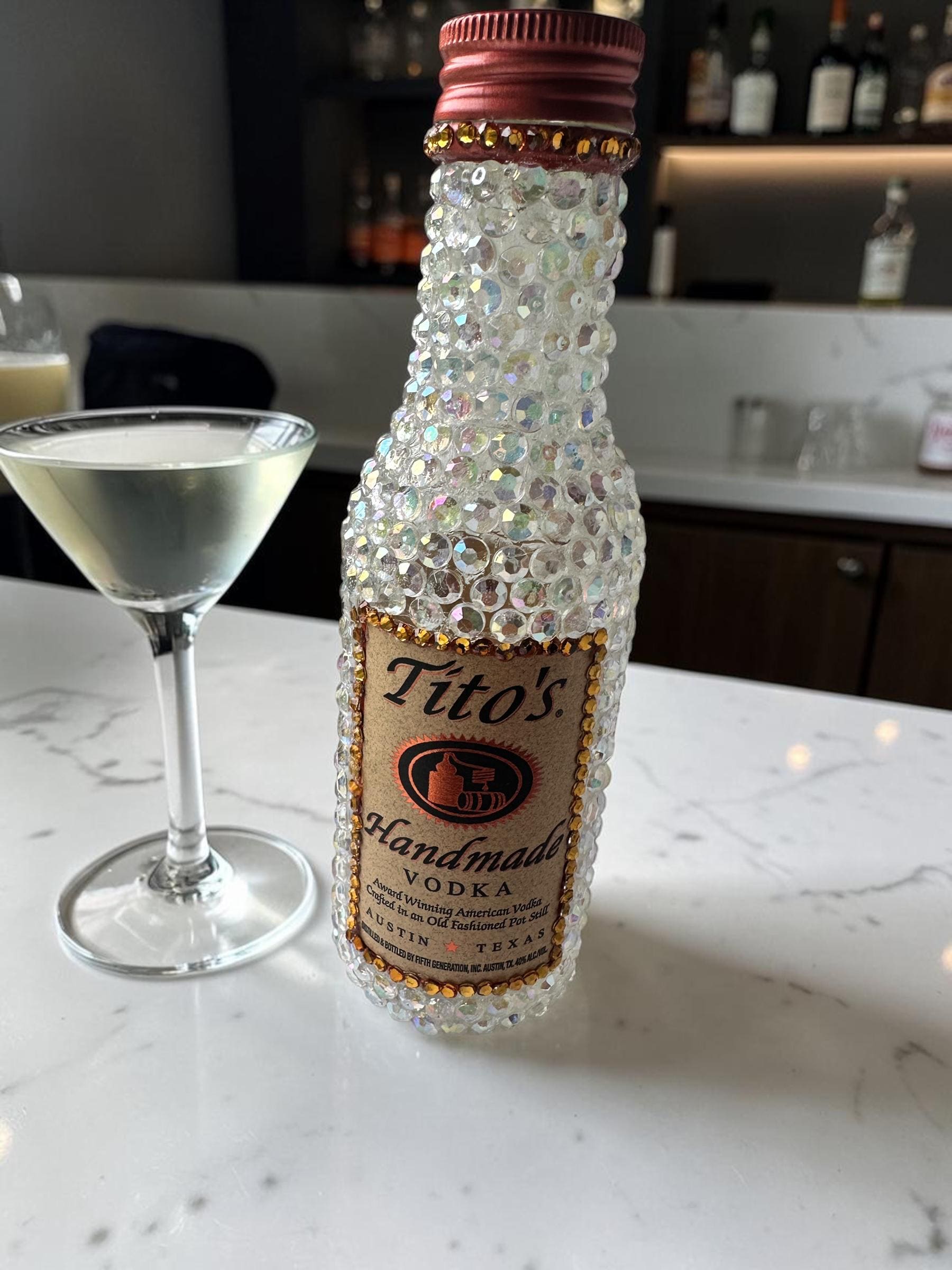 Bling Tito’s  100 mL Decanter Container – Empty Rhinestone Bottle – Handmade Crystal Covered bottle with repair kit  – Sparkly bar decor