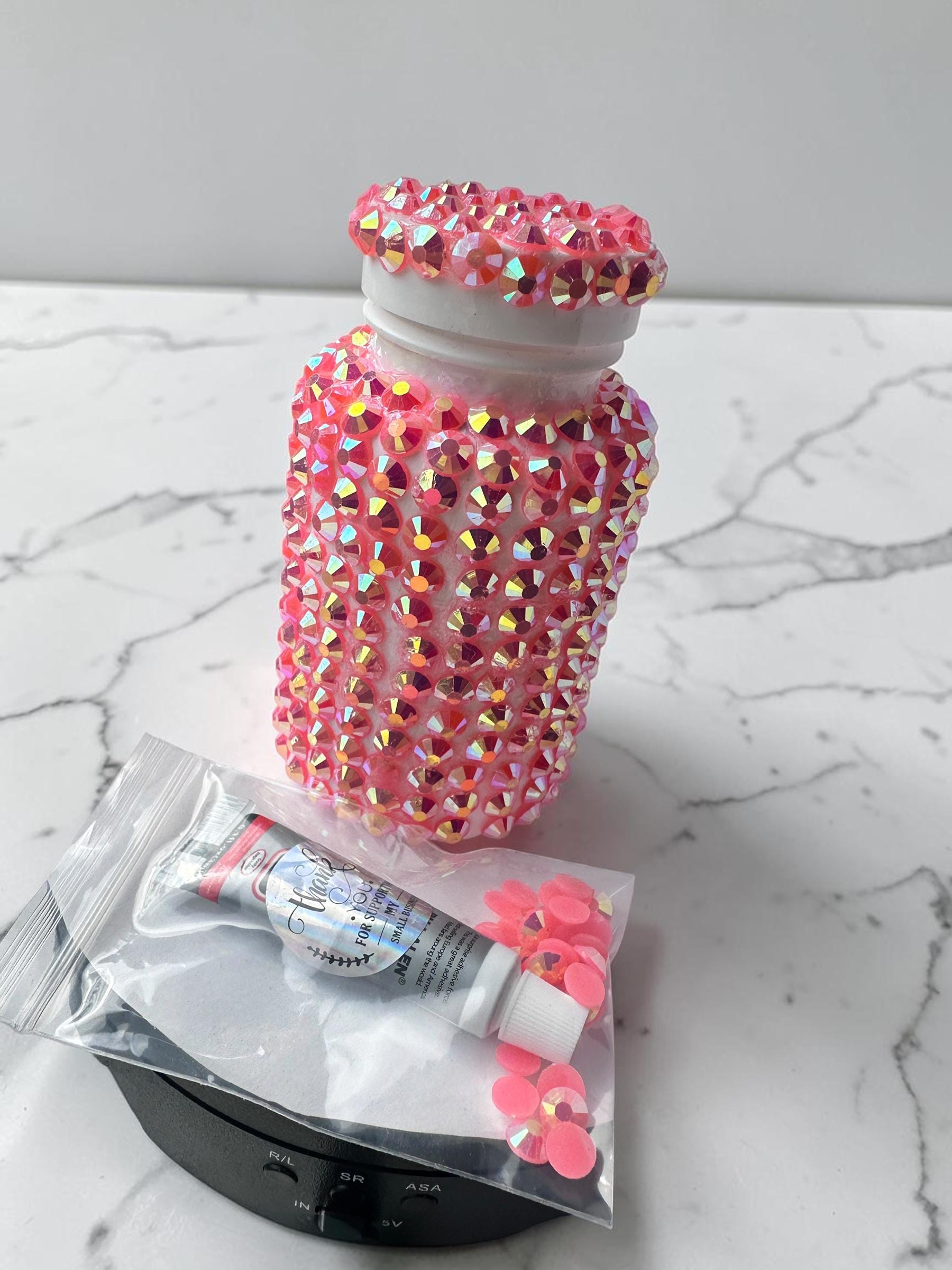 Bling Pill Bottle with Free Crystal Repair Kit | Light Pink AB Rhinestones | Sparkly Pill Case | Glam Medication Holder