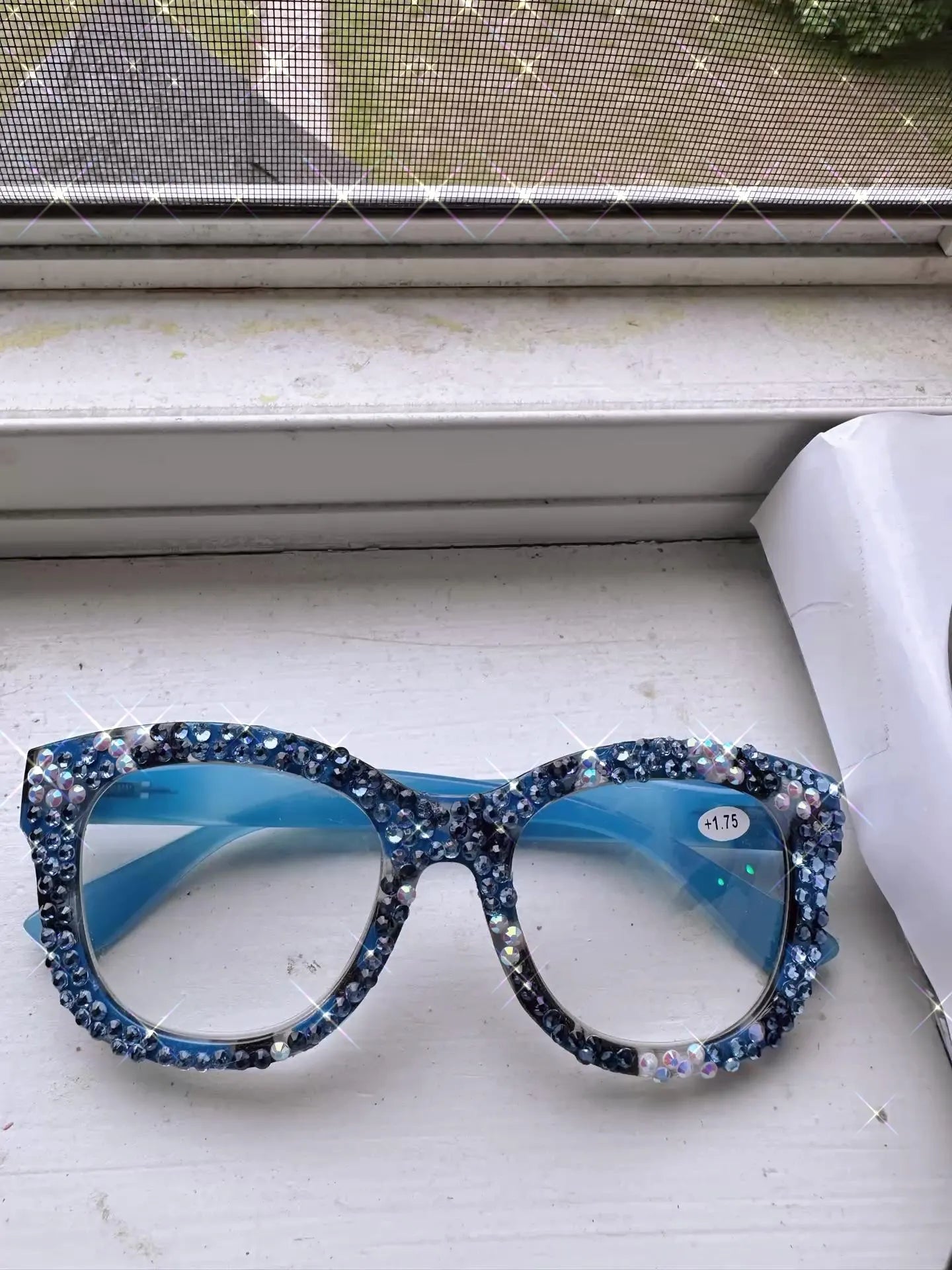Blue Crystal Bling Reading Glasses | Sparkly Readers +1.75 | Rhinestone Eyeglasses | Includes Free Crystal Repair Kit