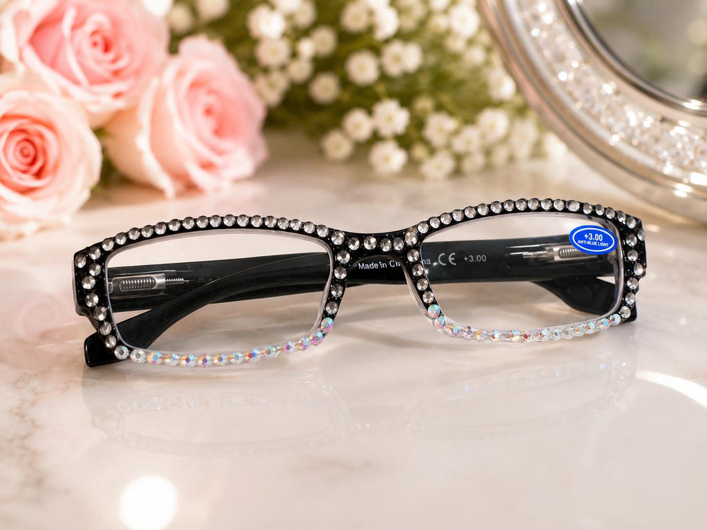 Black Crystal Bling Reading Glasses | AB Rhinestone Readers | Glam Reading Glasses | Sparkly Anti-Blue Light Eyewear | +3.00 Reader