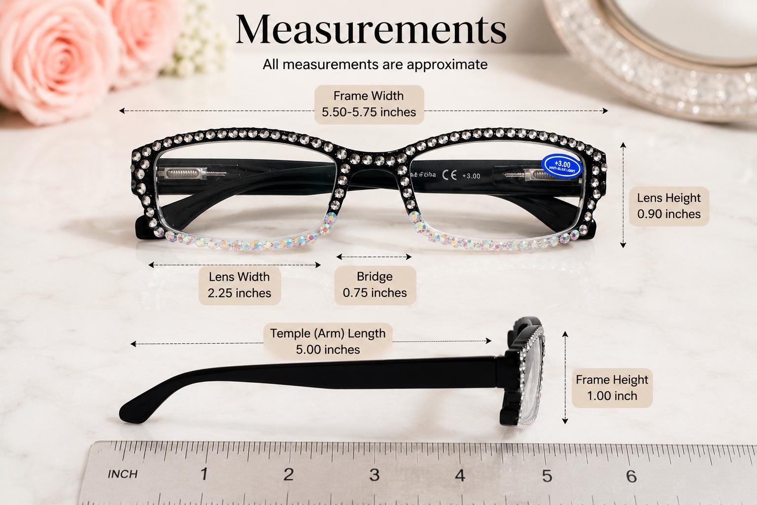 Black Crystal Bling Reading Glasses | AB Rhinestone Readers | Glam Reading Glasses | Sparkly Anti-Blue Light Eyewear | +3.00 Reader