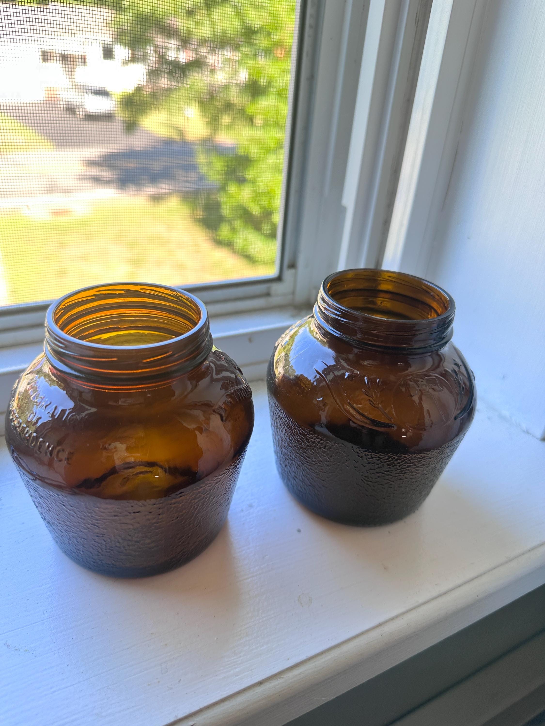 Vintage Independent Brewing Company Amber Glass Pretzel Jars Set of 2 | Embossed Brewery Glass | Rustic Farmhouse Decor | Amber Glass Collec
