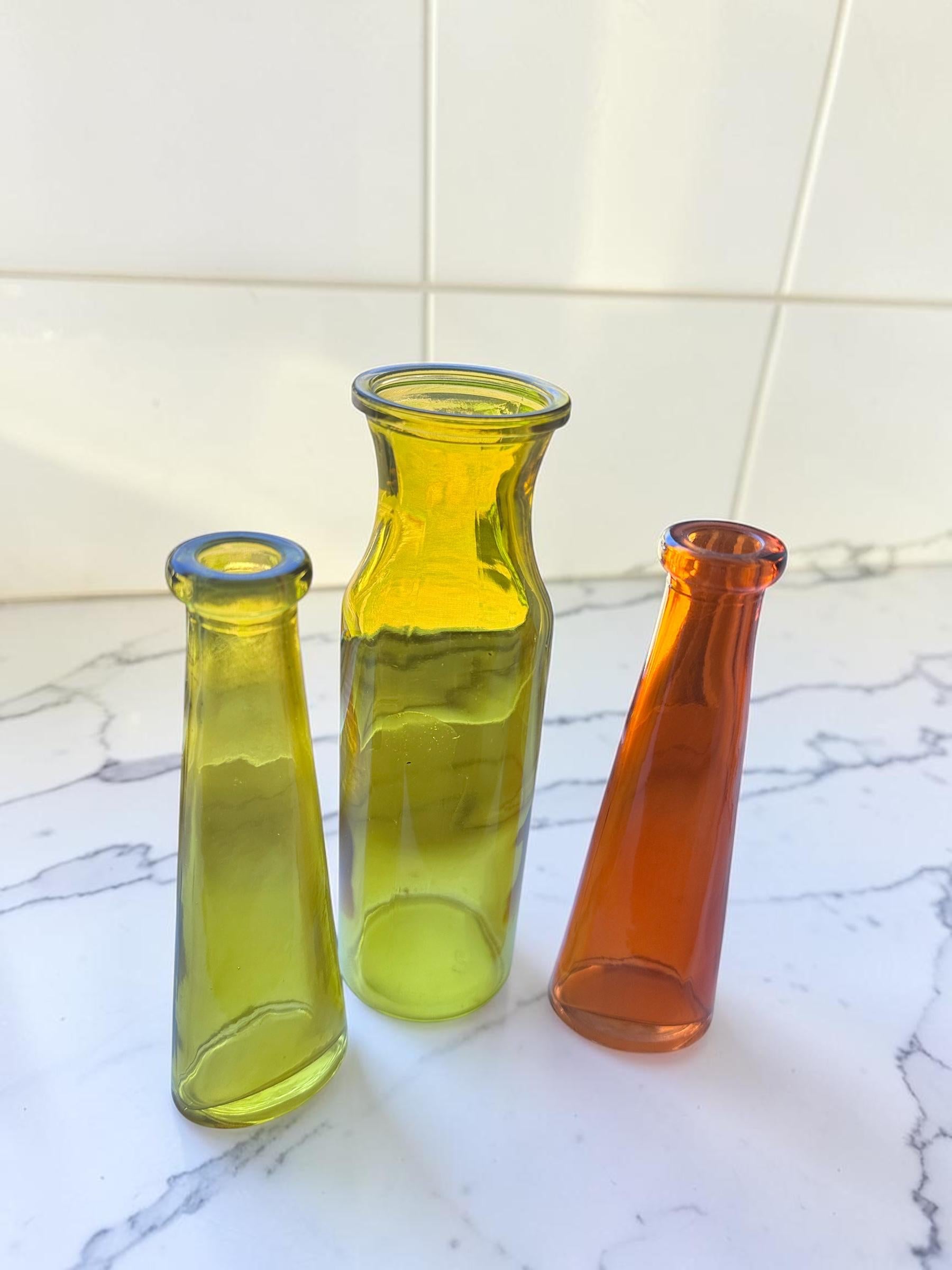 Vintage Yellow & Orange Glass Bud Vase Set of 3 | Retro Colored Glass Bottles | Mid Century Decor | Floral Display Vases