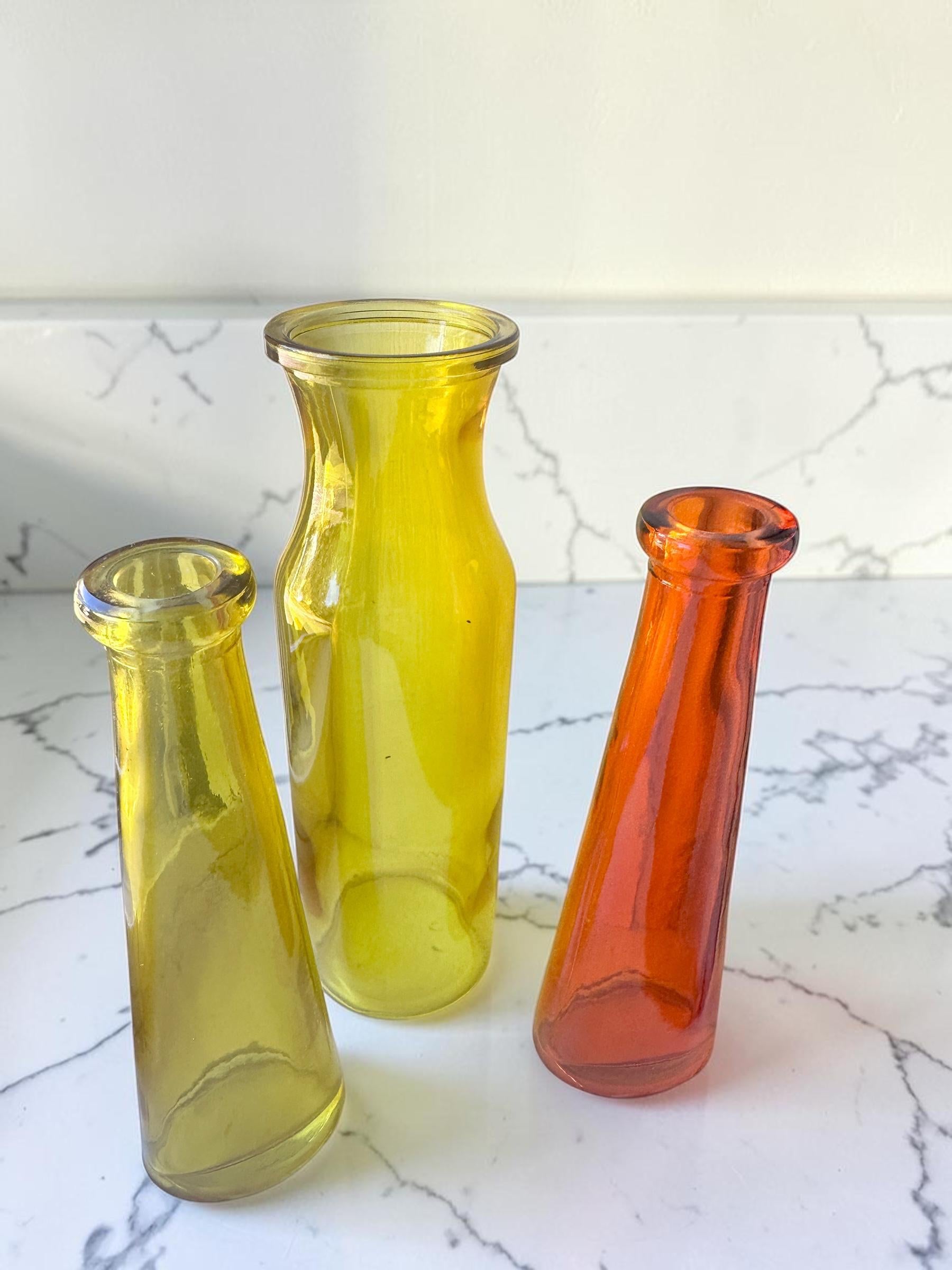 Vintage Yellow & Orange Glass Bud Vase Set of 3 | Retro Colored Glass Bottles | Mid Century Decor | Floral Display Vases