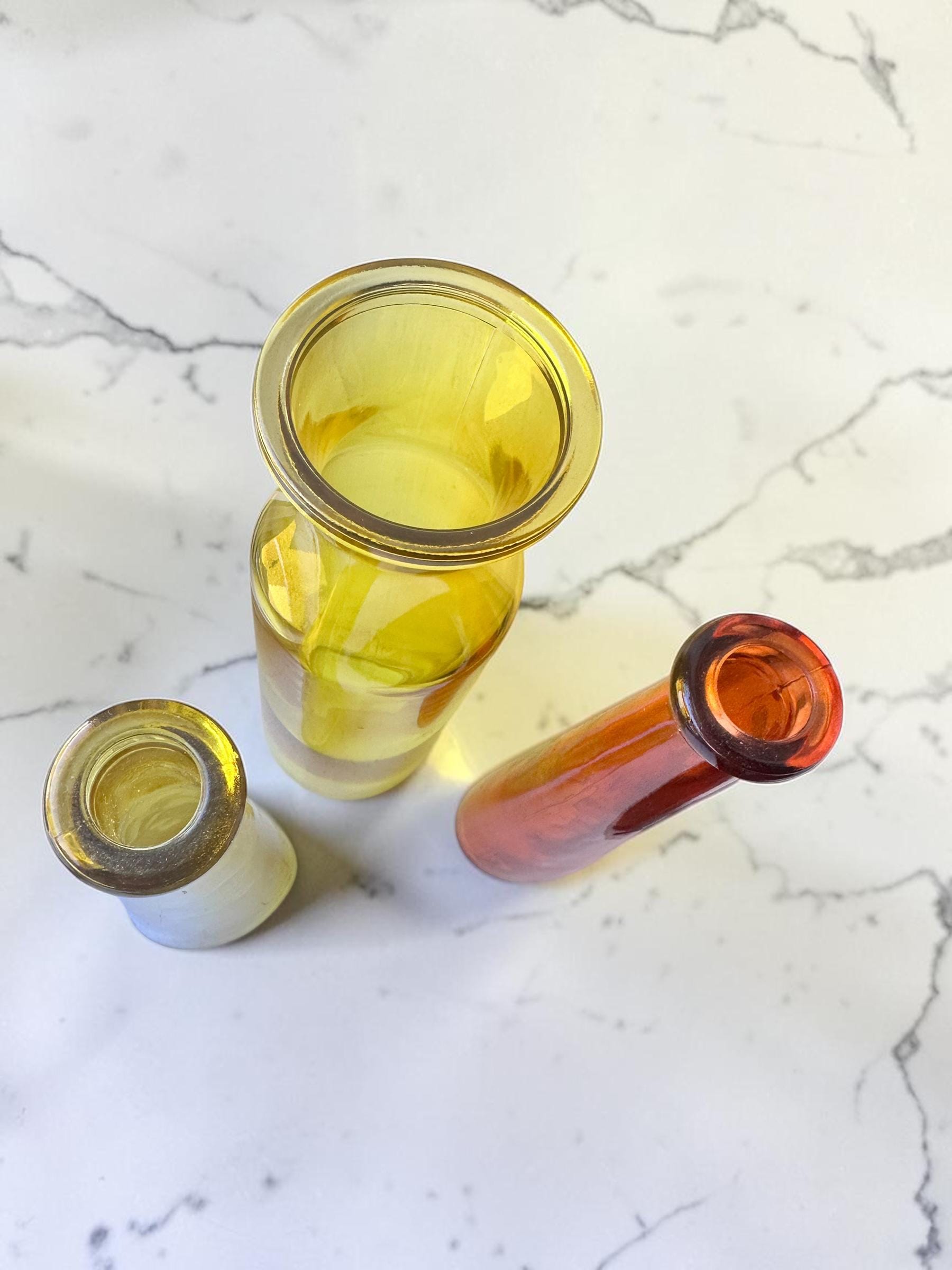 Vintage Yellow & Orange Glass Bud Vase Set of 3 | Retro Colored Glass Bottles | Mid Century Decor | Floral Display Vases