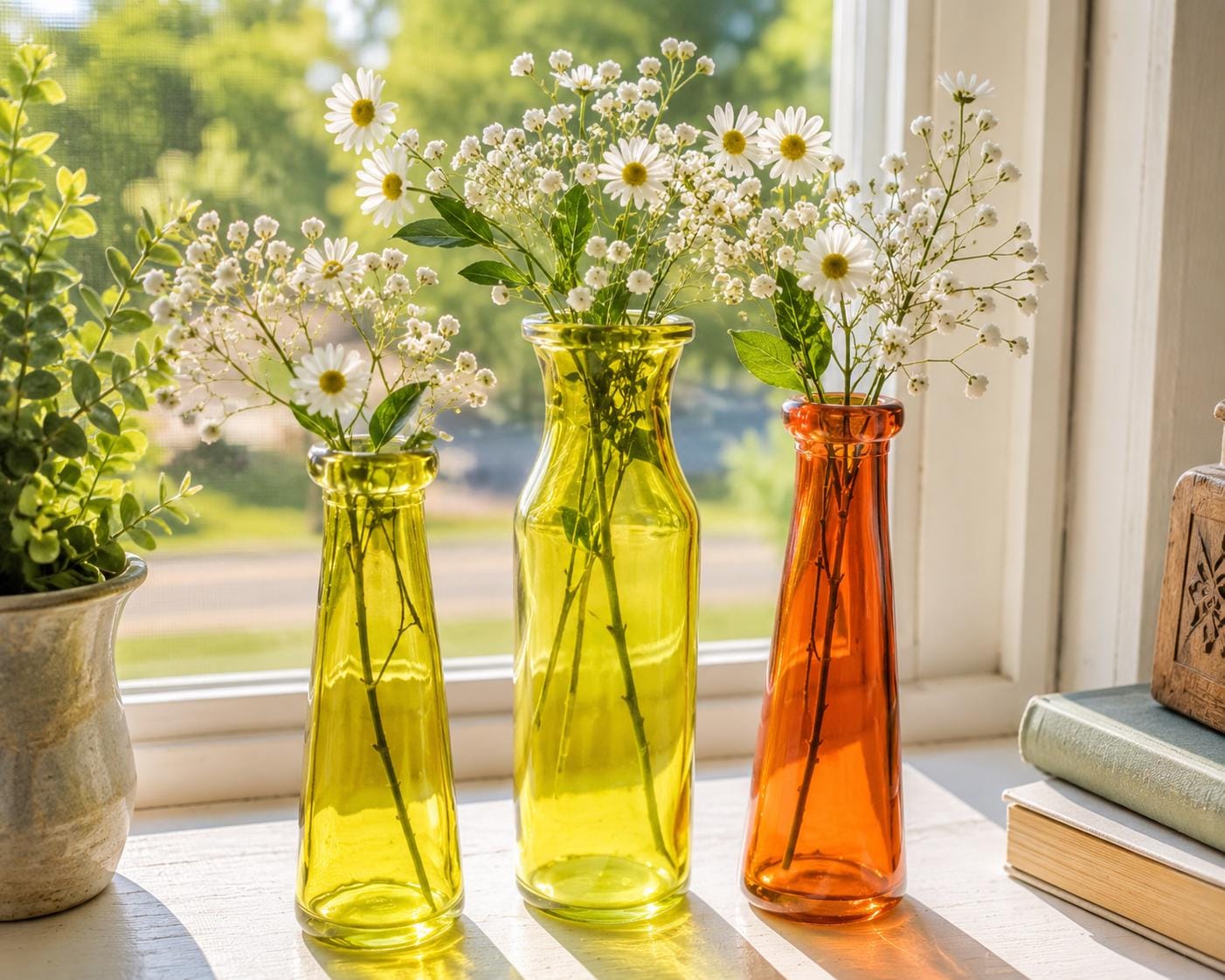 Vintage Yellow & Orange Glass Bud Vase Set of 3 | Retro Colored Glass Bottles | Mid Century Decor | Floral Display Vases