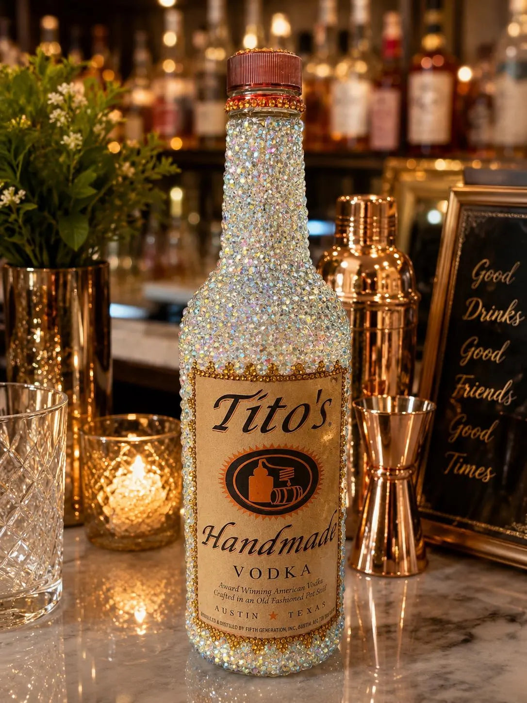 Large Tito’s Bling Bottle Decor, Empty Crystal Bottle, Handmade Rhinestone Bottle, Glam Bar Decor, Includes Crystal Repair Kit