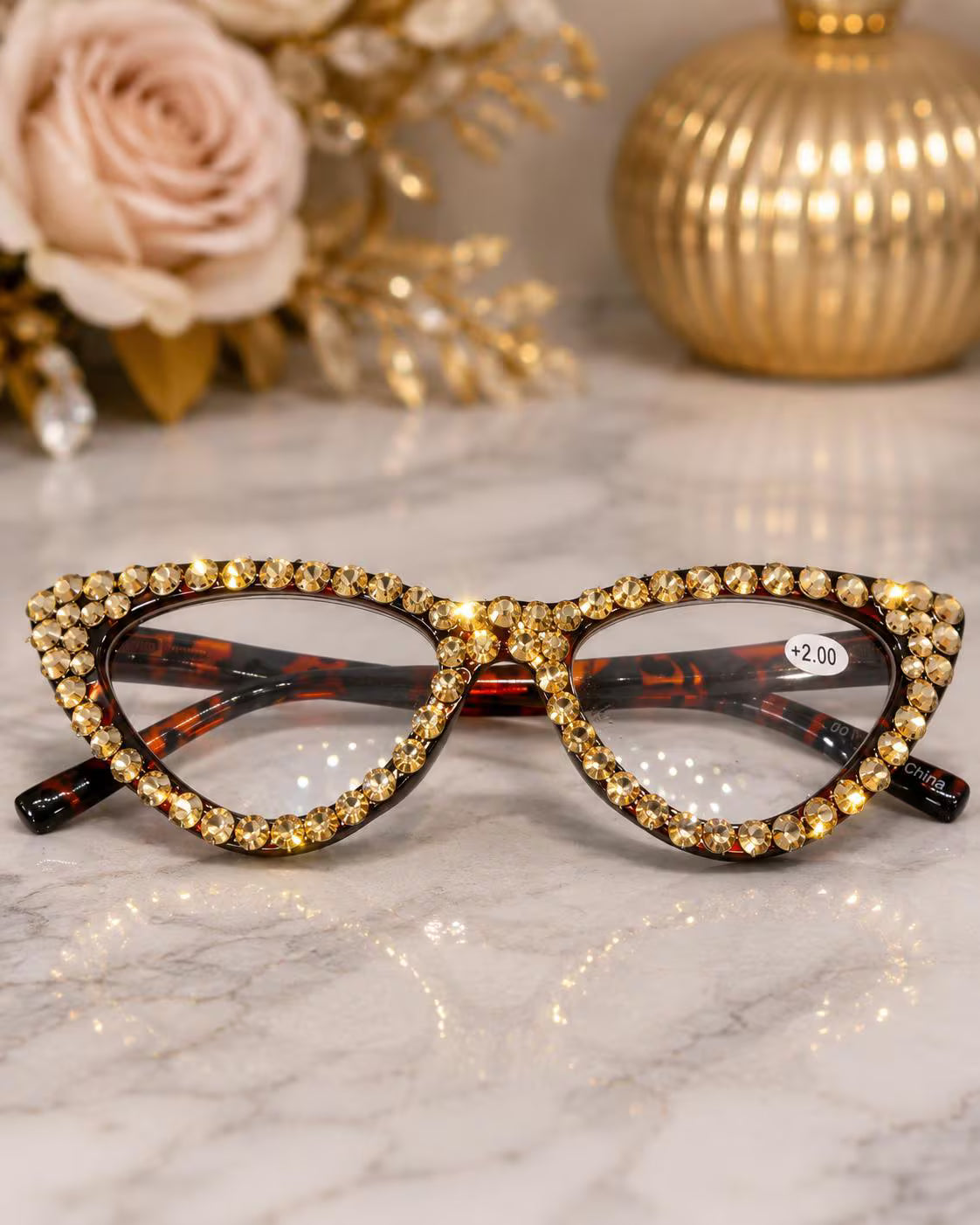 Vintage Gold Bling Cat-Eye Reading Glasses – Crystal Readers +2.00 FREE Crystal Repair Kit – Rhinestone Eyewear – Tortoiseshell Frames