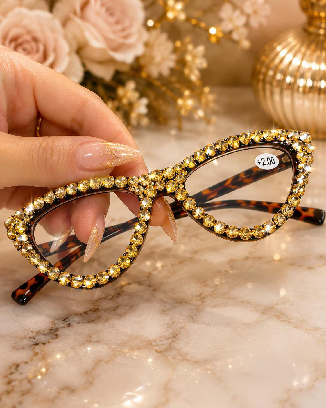Vintage Gold Bling Cat-Eye Reading Glasses – Crystal Readers +2.00 FREE Crystal Repair Kit – Rhinestone Eyewear – Tortoiseshell Frames
