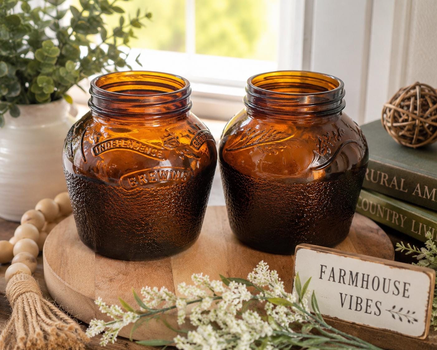 Vintage Independent Brewing Company Amber Glass Pretzel Jars Set of 2 | Embossed Brewery Glass | Rustic Farmhouse Decor | Amber Glass Collec