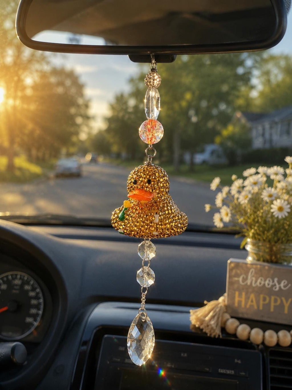 Rubber Ducky Rear view Mirror Charm bling , Cute Car Hanging Decor, Crystal Sun Catcher Car Accessory, Fun Duck Ornament, Gift for Driver