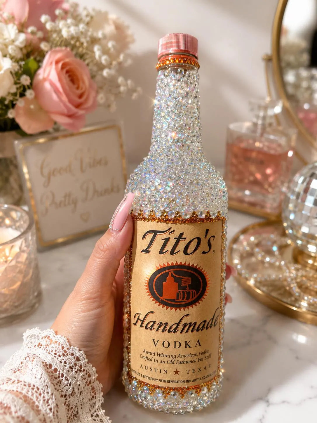 Large Tito’s Bling Bottle Decor, Empty Crystal Bottle, Handmade Rhinestone Bottle, Glam Bar Decor, Includes Crystal Repair Kit