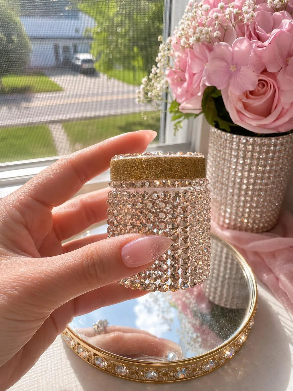 Bling Crystal Storage Jar with Lid, Glam Vanity Organizer, Rhinestone Jewelry Holder, crystal replacement kit , Cotton Ball Container
