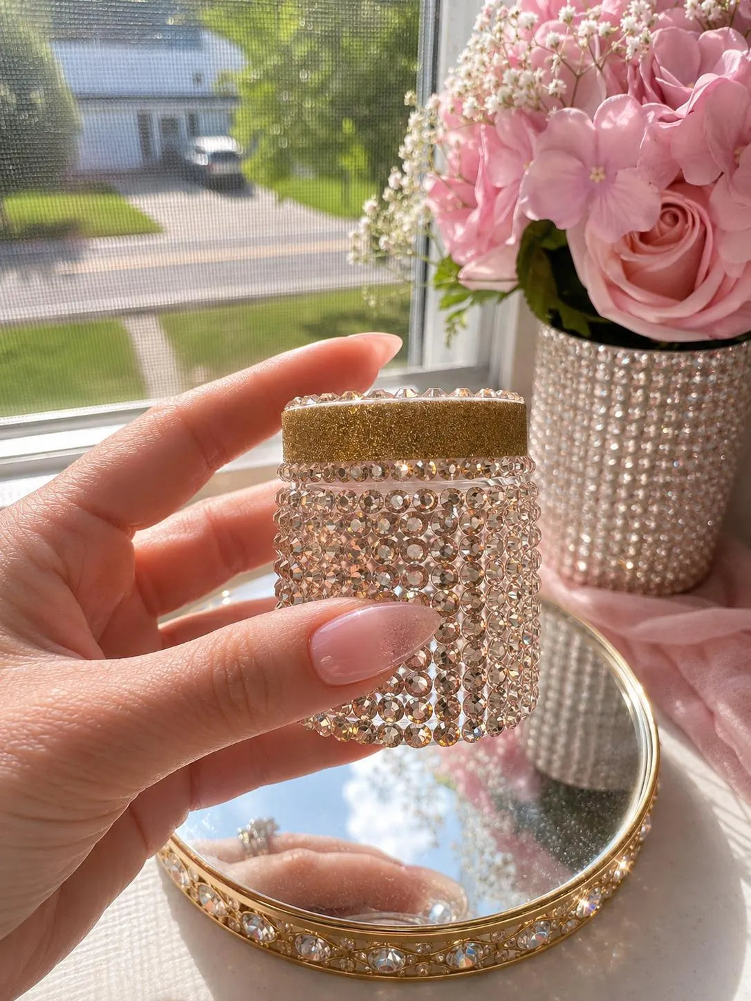 Bling Crystal Storage Jar with Lid, Glam Vanity Organizer, Rhinestone Jewelry Holder, crystal replacement kit , Cotton Ball Container