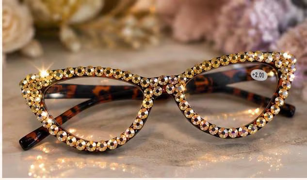 Vintage Gold Bling Cat-Eye Reading Glasses – Crystal Readers +2.00 FREE Crystal Repair Kit – Rhinestone Eyewear – Tortoiseshell Frames
