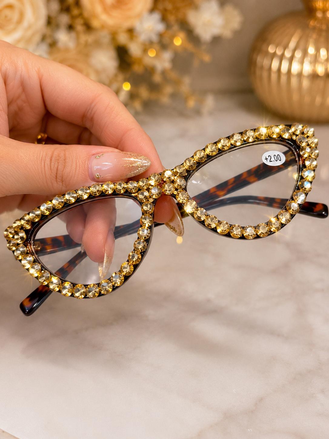 Vintage Gold Bling Cat-Eye Reading Glasses – Crystal Readers +2.00 FREE Crystal Repair Kit – Rhinestone Eyewear – Tortoiseshell Frames