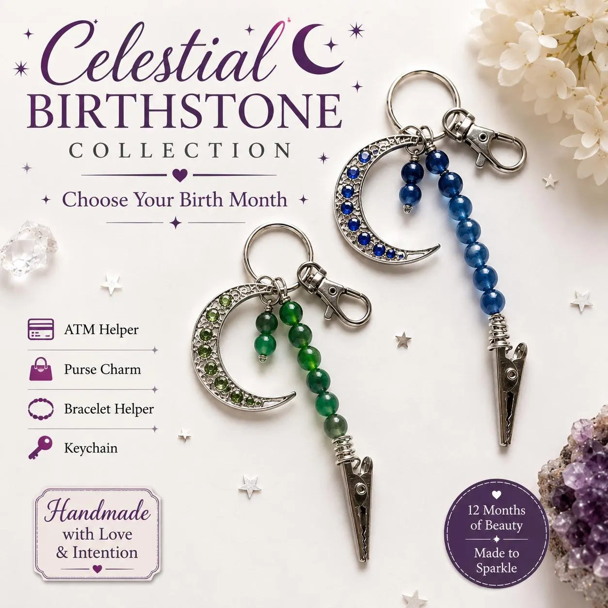 Birthstone ATM Helper Keychain | Choose Your Birth Month & Size | Purse Charm | Bracelet Helper | Moon Keychain | Handmade Gift