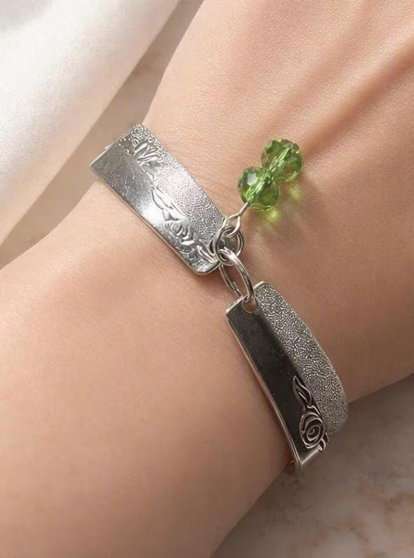 Upcycled Vintage Silverware Bracelet custom, Green Crystal Bead Charm, Engraved Spoon Handle Jewelry, Handmade Stainless steel no tarnish