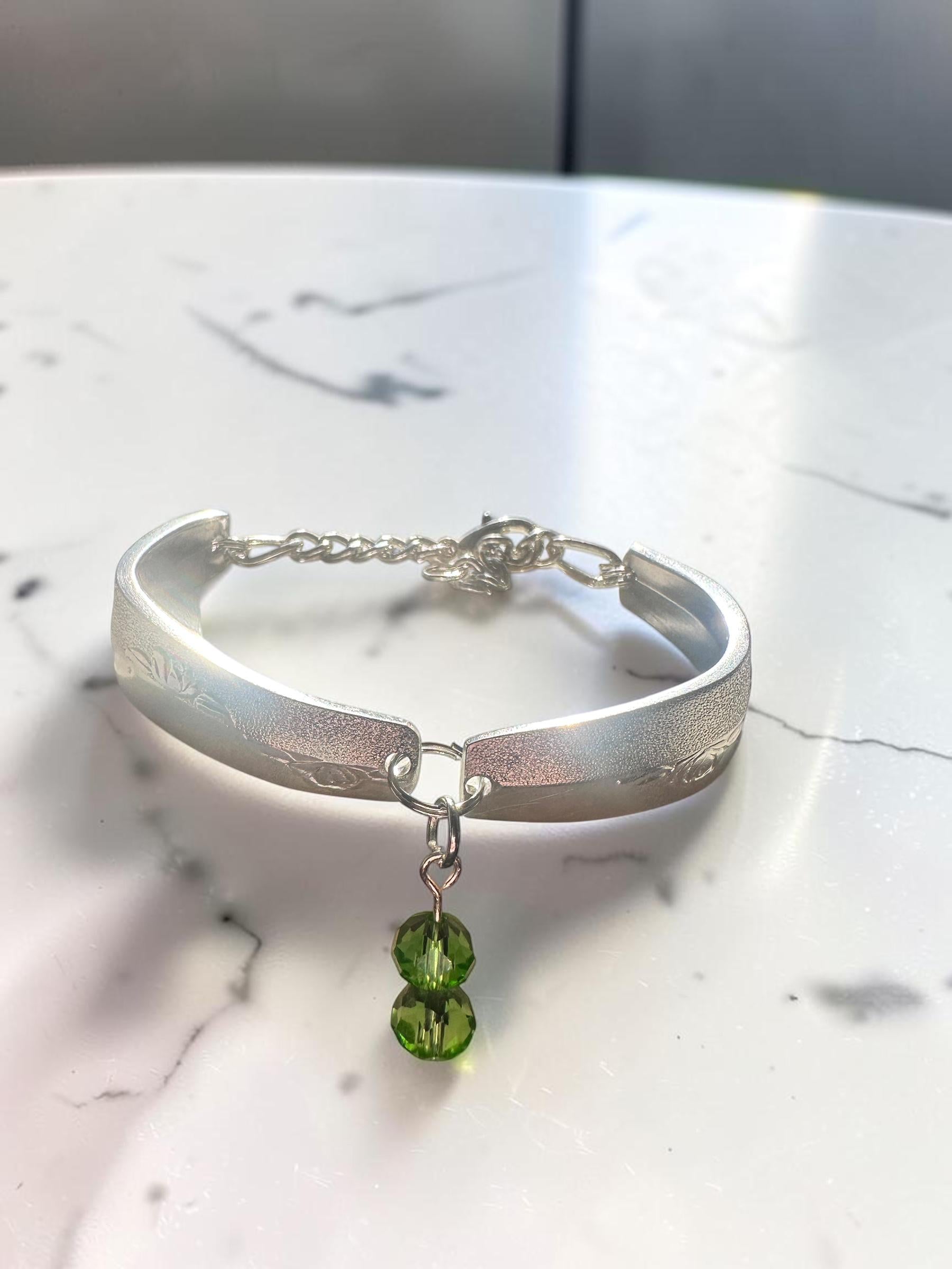 Upcycled Vintage Silverware Bracelet custom, Green Crystal Bead Charm, Engraved Spoon Handle Jewelry, Handmade Stainless steel no tarnish