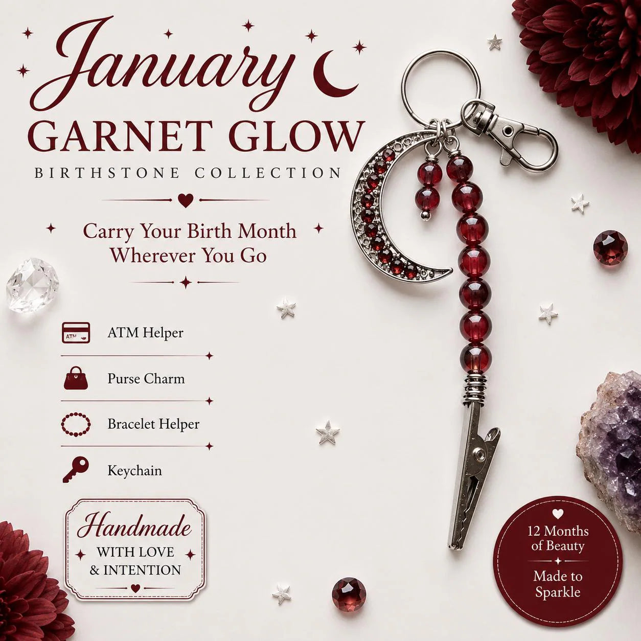 Birthstone ATM Helper Keychain | Choose Your Birth Month & Size | Purse Charm | Bracelet Helper | Moon Keychain | Handmade Gift