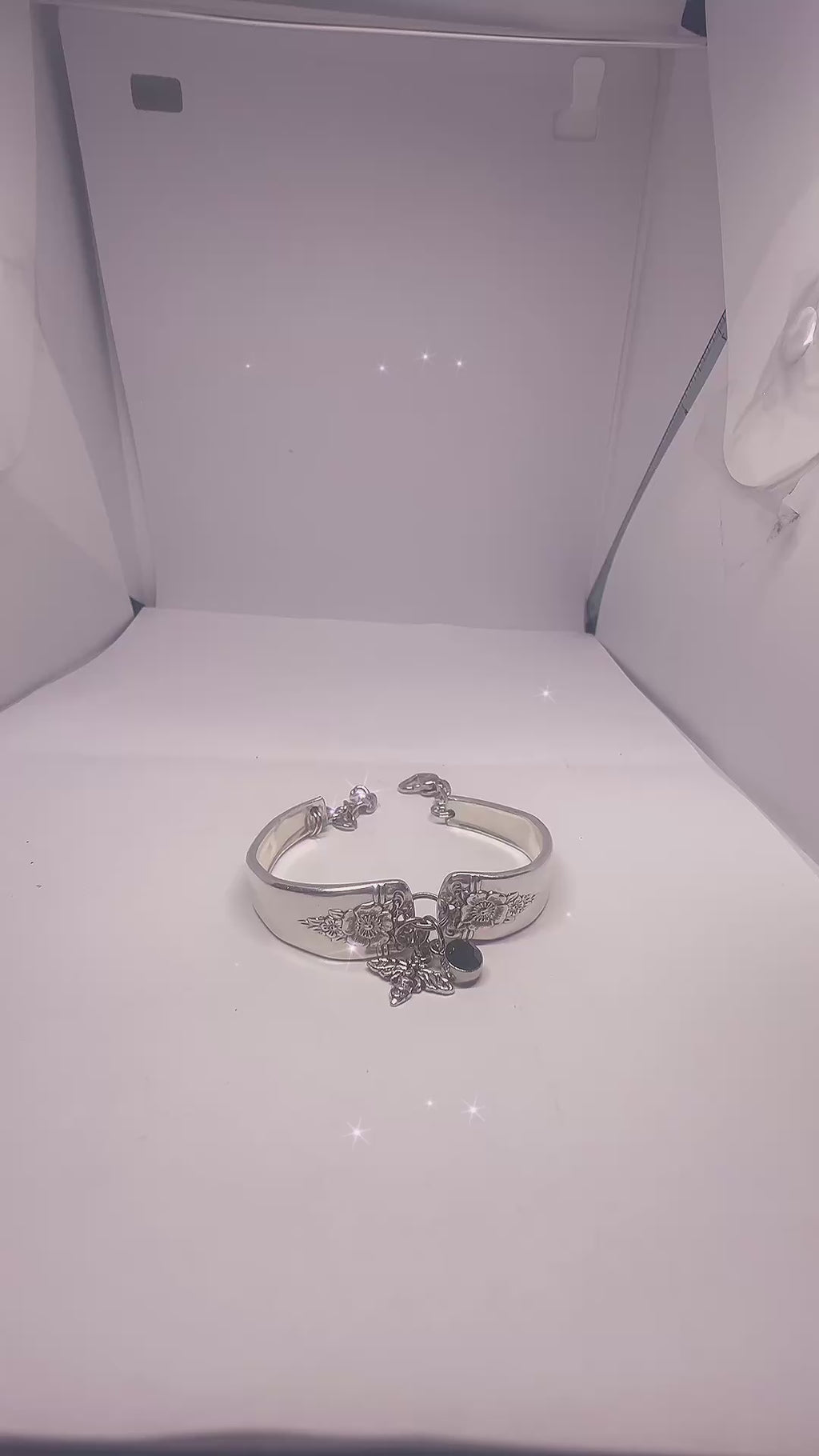 Handmade Vintage Floral Spoon Bracelet with Adjustable Chain, Bee Charm & Black Gem