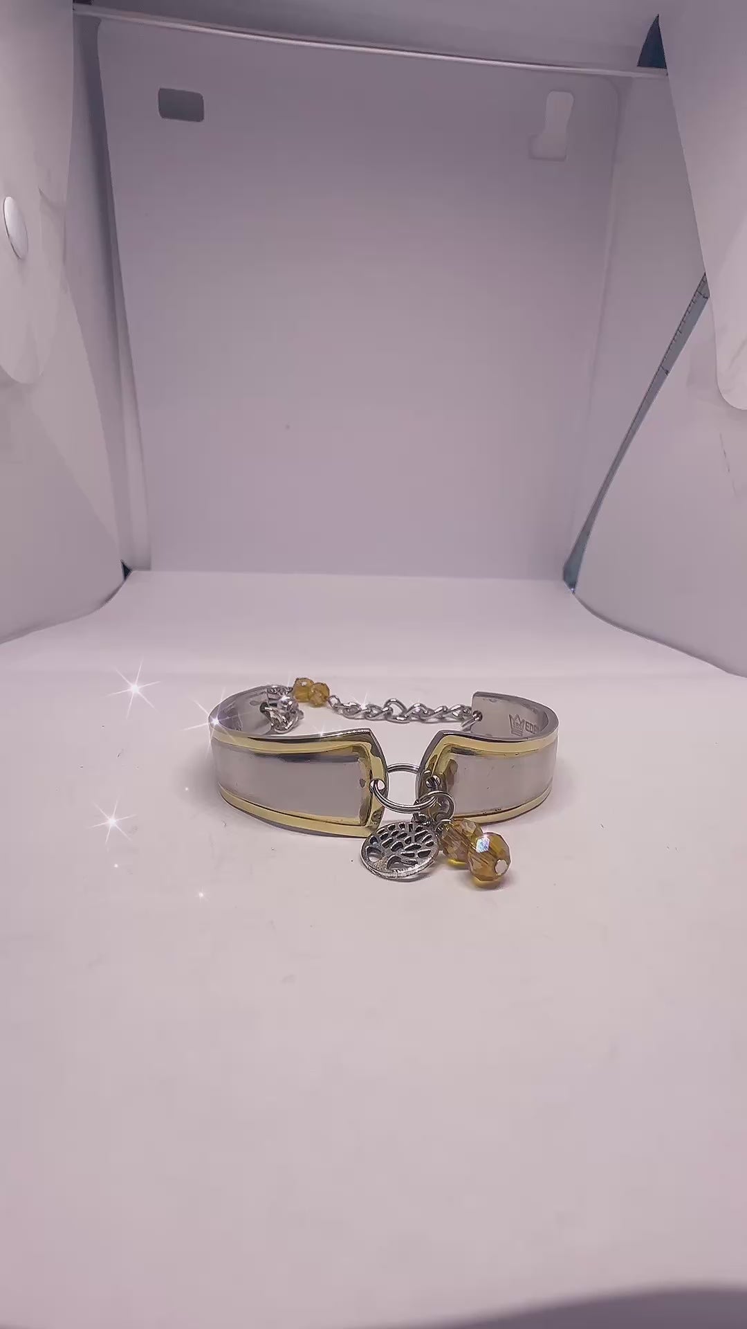 Eco-Friendly Upcycled Gold-Plated Spoon Bracelet with Amber Crystal Beads & Silver Tree Charm