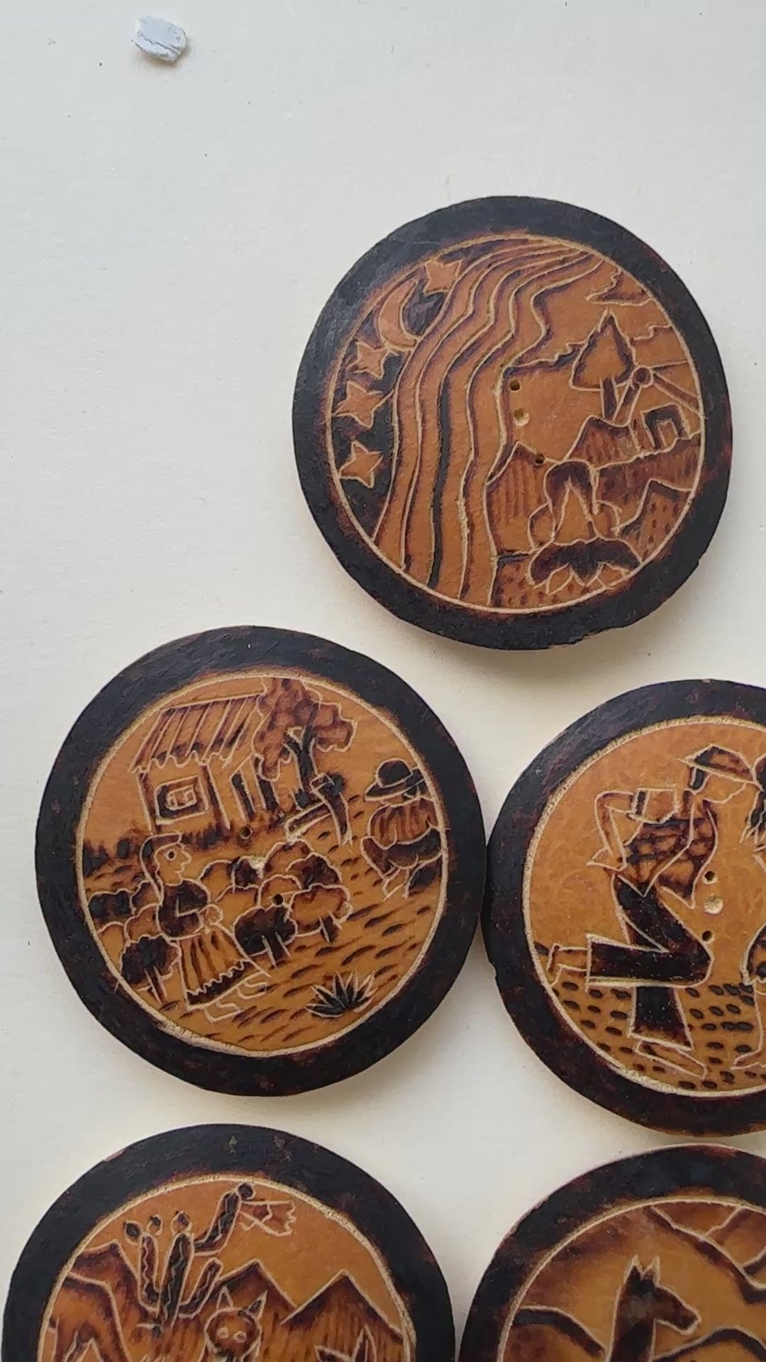 Vintage Carved Pictorial Buttons Set of 5 Scenic Animal Village Designs Estate Find Collectible Sewing Buttons
