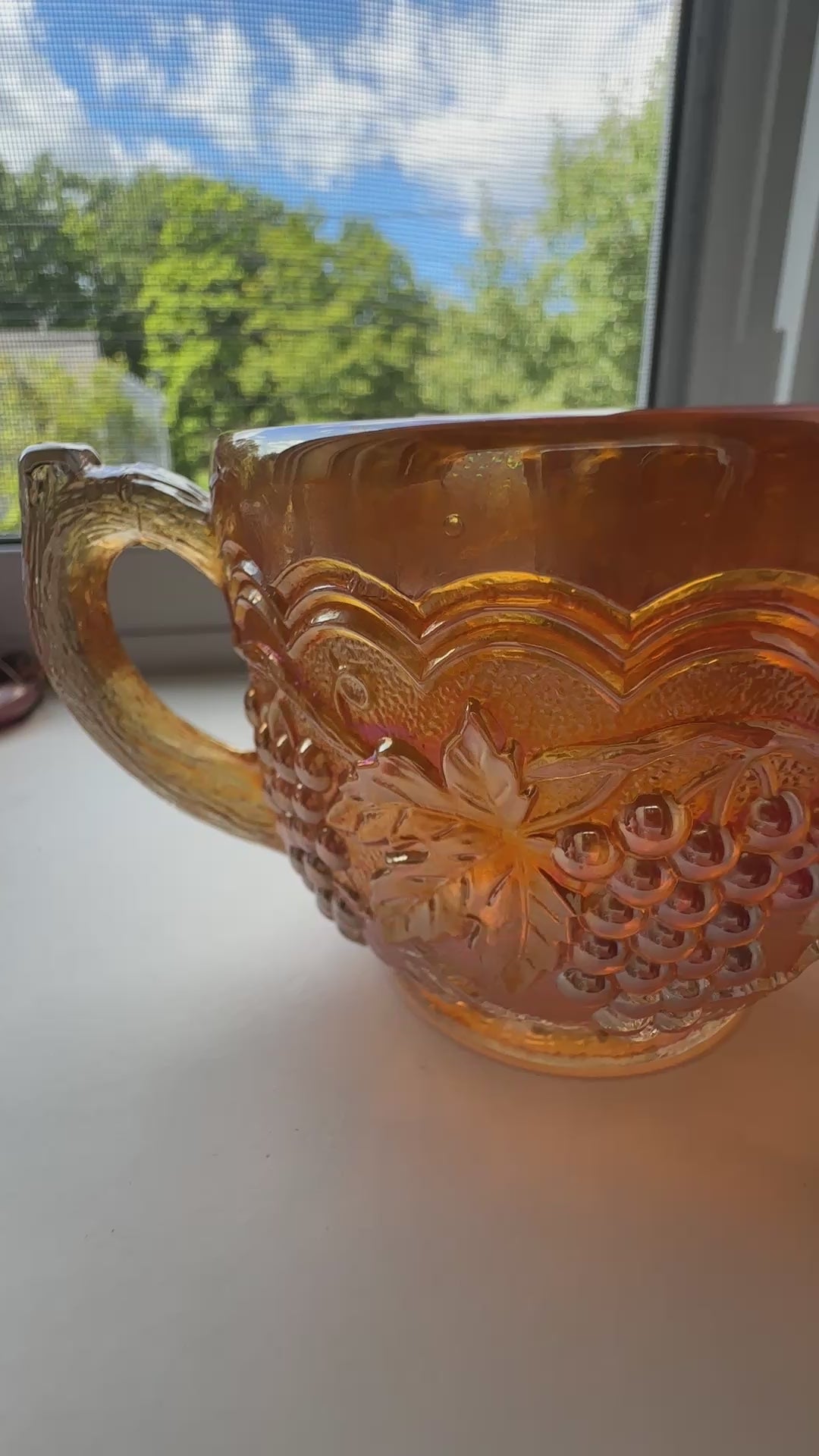 Vintage Amber/orange glass mugs set of 2 grape harvest pattern cups retro pressed glass drinkware mid century kitchen decor