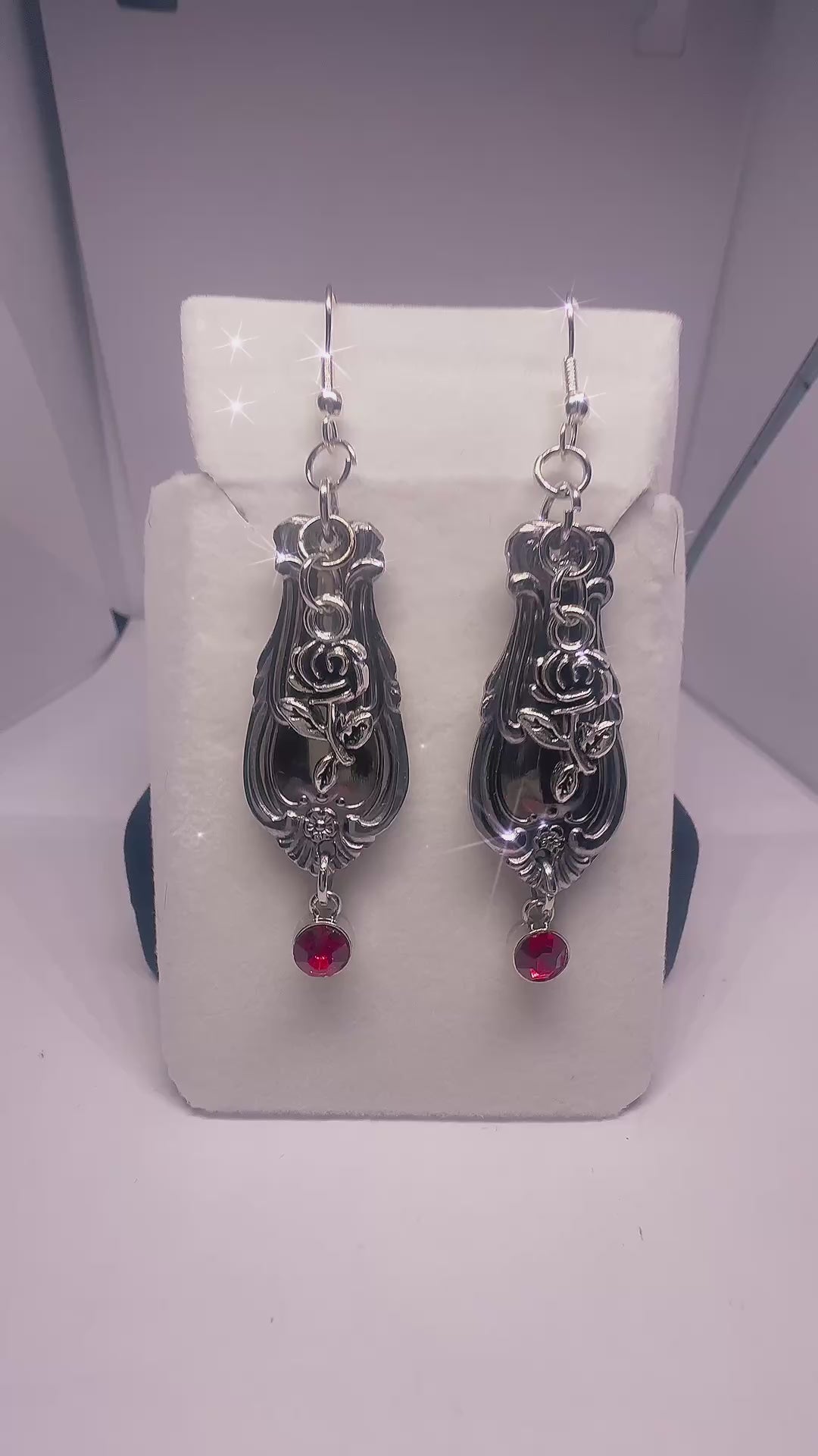 Vintage Spoon Handle Earrings with Red Crystal Dangle | Upcycled Silverware Jewelry with Rose Design