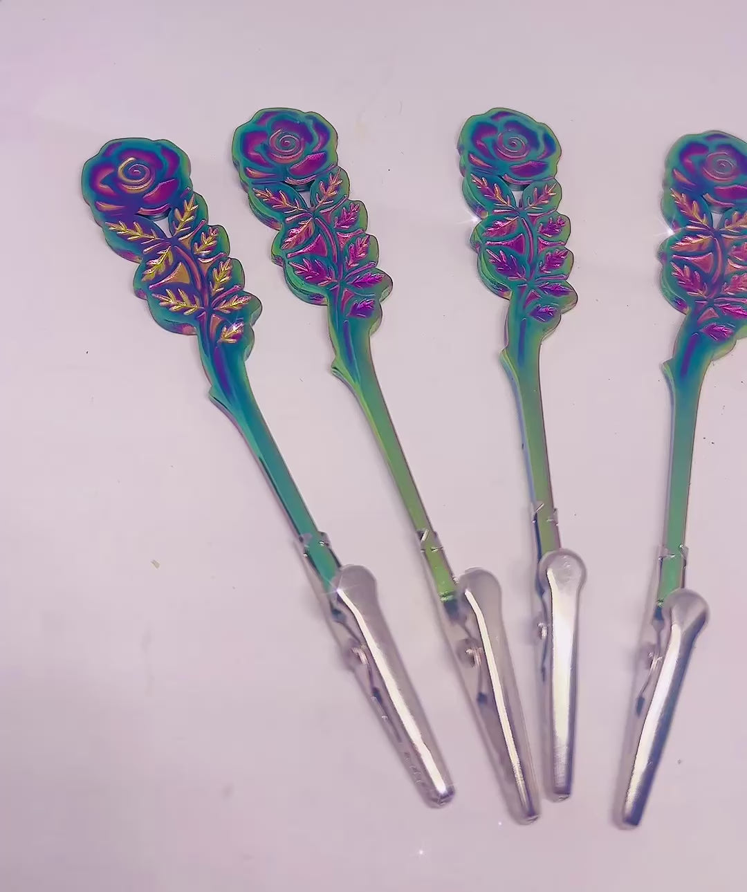 Iridescent Rose ATM Card Clip – Unique Long Nail Helper with Holographic Shimmer