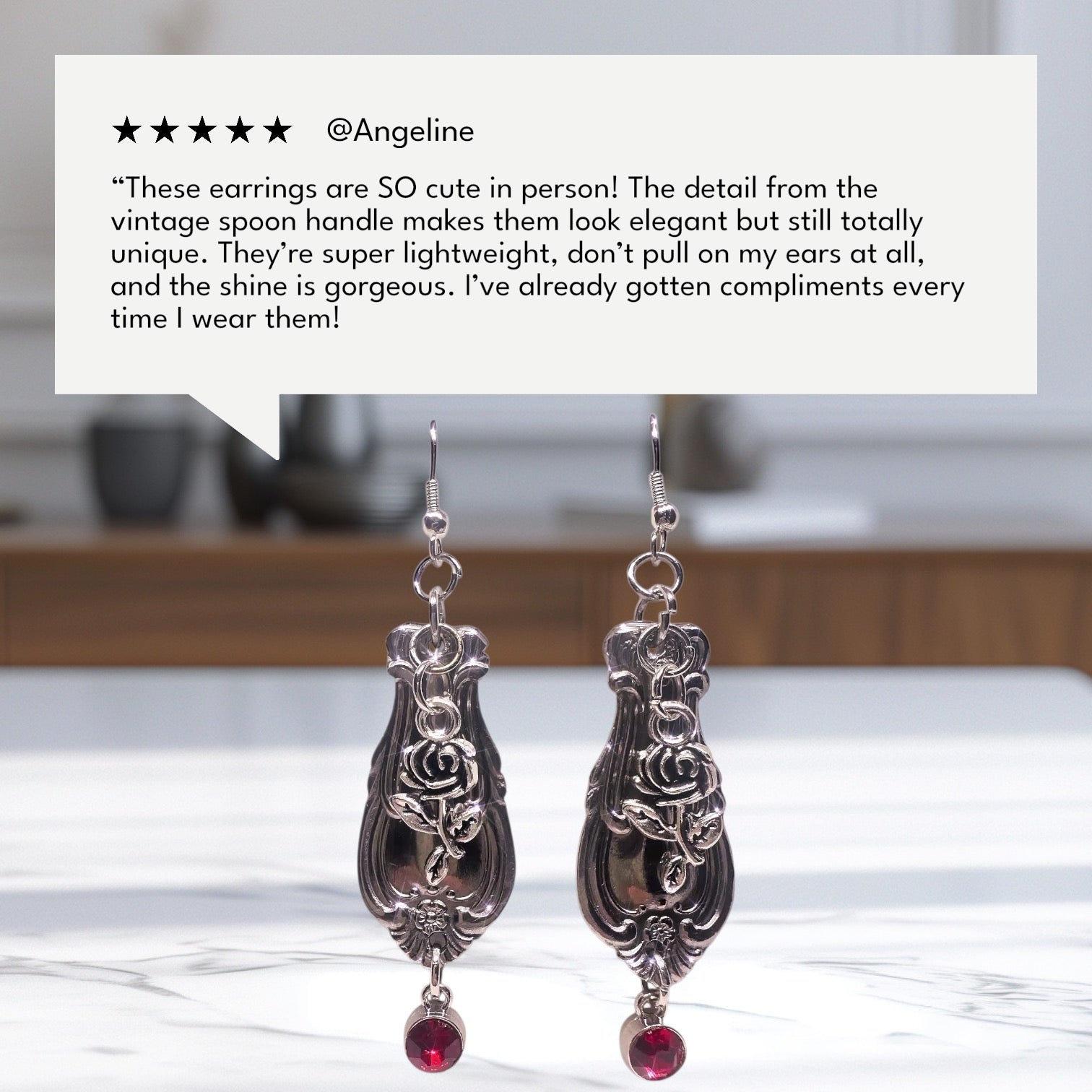 Vintage Spoon Handle Earrings with Red Crystal Dangle | Upcycled Silverware Jewelry with Rose Design