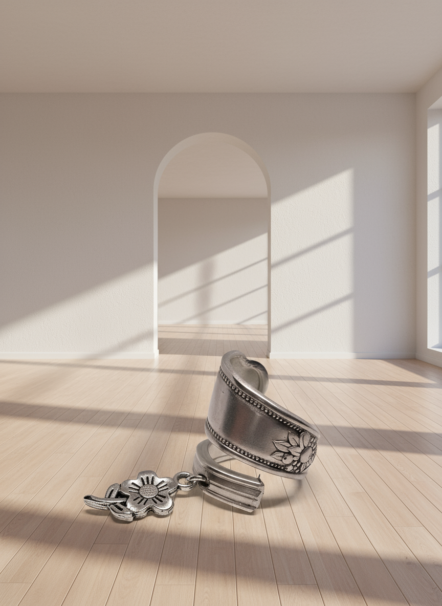 Silver spoon ring with floral designs on a white background