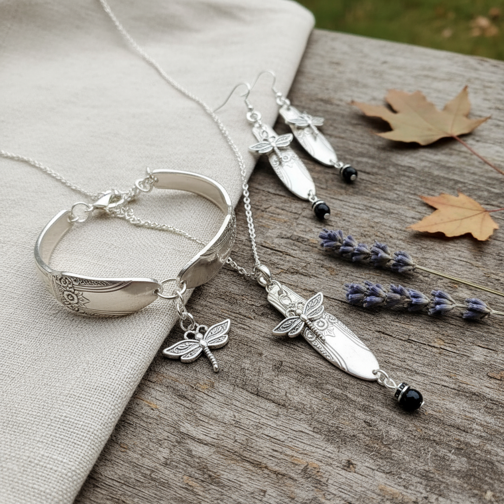 Upcycled Silverware Jewelry Set: Dragonfly Necklace, Earrings, Bracelet & Ring